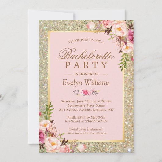 Invitation Blush Pink Gold Parties scintillant Floral Bachelo (Devant)