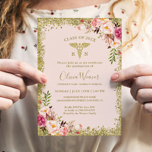 Invitation Blush Pink Gold Parties scintillant Infirmière
