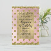 Invitation Blush Pink & Gold Parties scintillant Pois 1er ann (Debout devant)