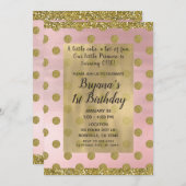 Invitation Blush Pink & Gold Parties scintillant Pois 1er ann (Devant / Derrière)