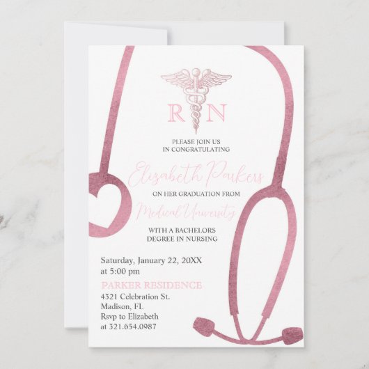 Invitation Blush Pink Gold RN Soins infirmiers Parti de gradu (Devant)