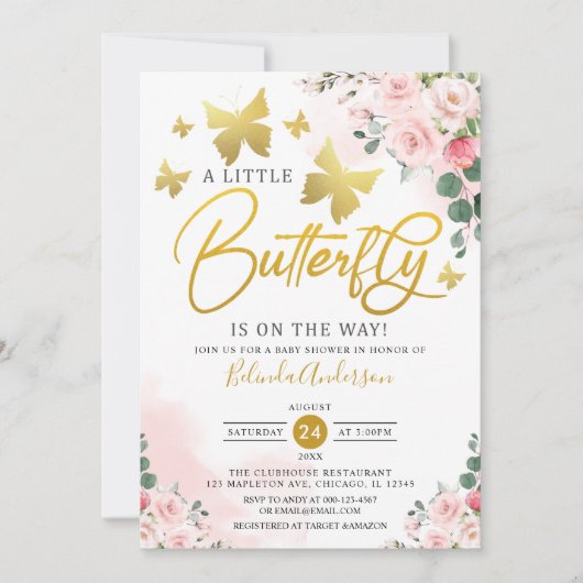 Invitation Blush Pink Gold Un petit Baby shower à papillon (Devant)