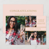Invitation Blush Pink Graduate 3 Photo Gold Party (Devant / Derrière)