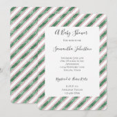 Invitation Blush Pink Green Glitzy Glam Stripes Baby Shower (Devant / Derrière)