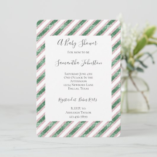 Invitation Blush Pink Green Glitzy Glam Stripes Baby Shower (Debout devant)