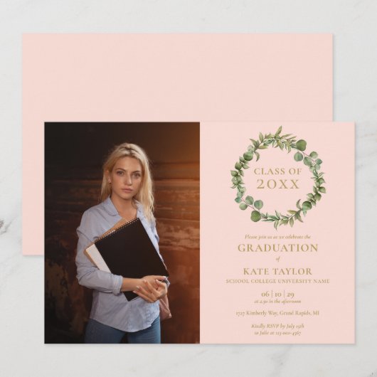 Invitation Blush Pink Greenery Garland Photo Graduation Party (Devant / Derrière)