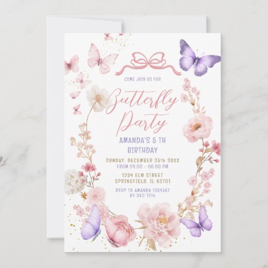 Invitation Blush Pink Lavender Purple Butterflies Birthday (Devant)