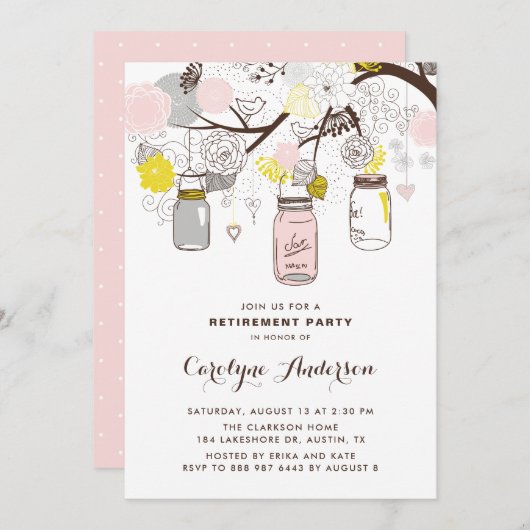 Invitation Blush Pink Mason Jars Fête de retraite Florale (Devant / Derrière)