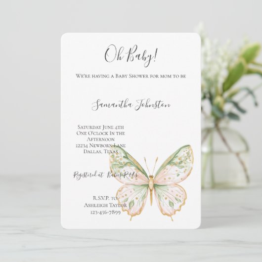 Invitation Blush Pink Mint Green Gold Butterfly Baby Shower (Debout devant)