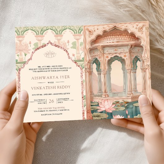 Invitation Blush Pink Mint Green Lotus Garden Indian Wedding