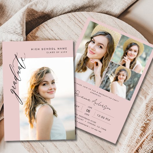 Invitation Blush Pink Modern 2 Photo Graduation Party