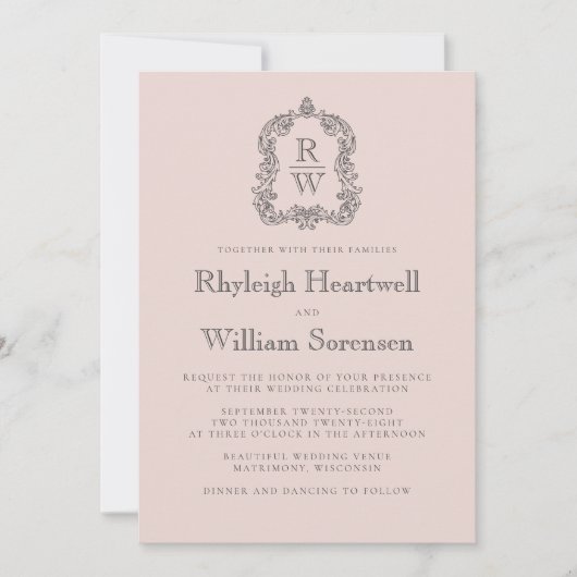 Invitation Blush Pink Monogram Crest QR Code Wedding (Devant)