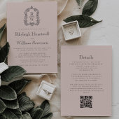 Invitation Blush Pink Monogram Crest QR Code Wedding