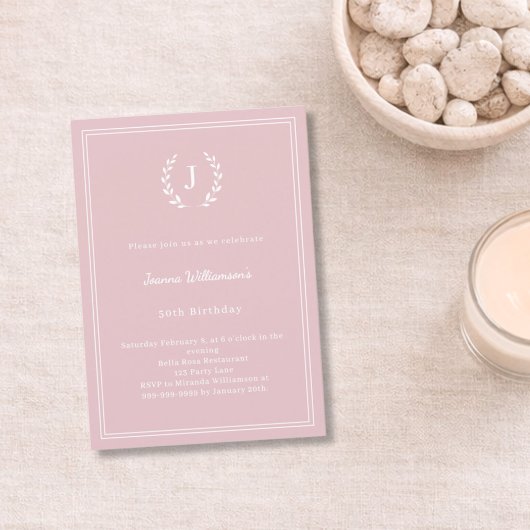 Invitation Blush pink monogram wreath minimalist birthday
