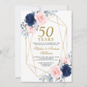 Invitation Blush Pink & Navy Blue 50e anniversaire de Mariage (Devant)
