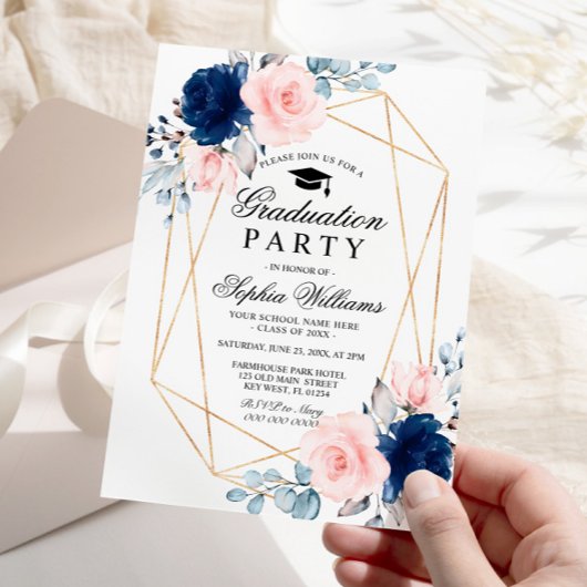 Invitation Blush Pink & Navy Blue Floral Graduation Party