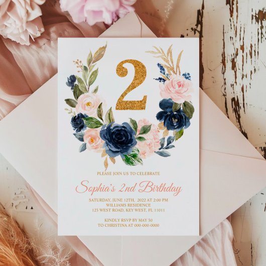 Invitation Blush Pink & Navy Blue Floral Wreath 2e anniversai