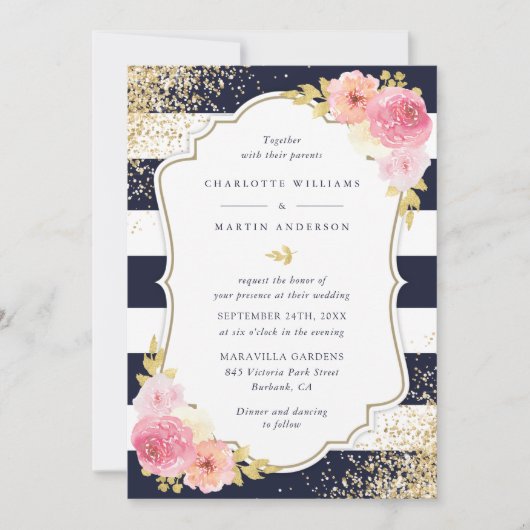 Invitation Blush Pink Navy Blue Gold Confetti Floral Mariage (Devant)