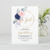 Invitation Blush Pink & Navy Rose Floral Wreath Baby shower (Debout devant)