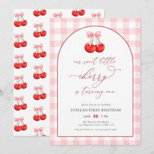 Invitation Blush Pink Our Sweet Cherry Girl 1er anniversaire (Devant / Derrière)