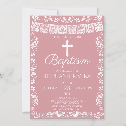 Invitation Blush Pink Papel Picado Baptism (Devant)