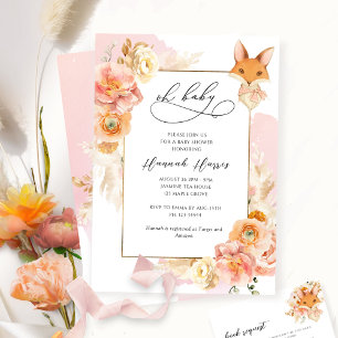 Invitation Blush Pink, Peach Floral et Fox Girl Baby shower