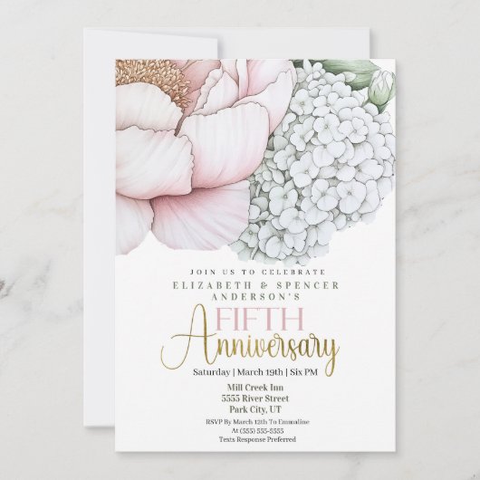 Invitation Blush Pink Peony 5th Wedding Anniversary (Devant)