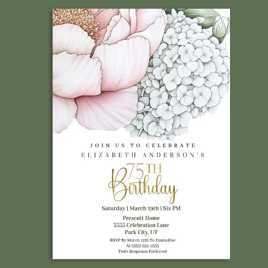 Invitation Blush Pink Peony 75th Birthday