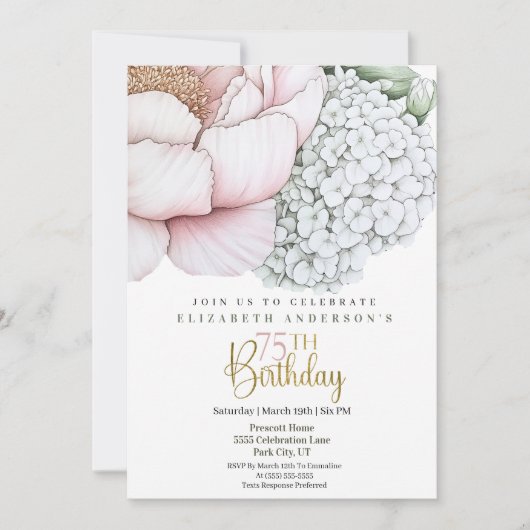 Invitation Blush Pink Peony 75th Birthday (Devant)