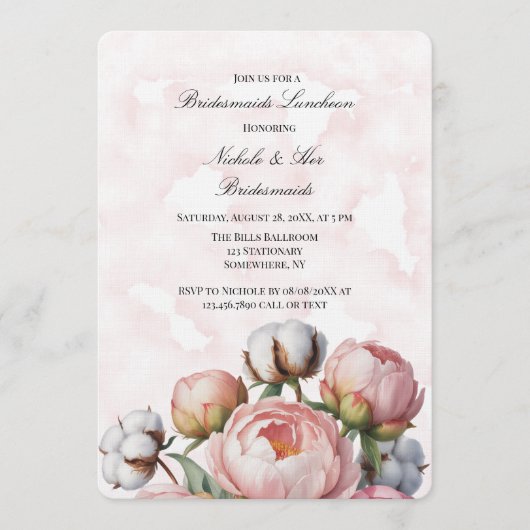 Invitation Blush Pink Peony and Cotton Bridesmaids Luncheon (Devant)