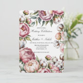 Invitation Blush Pink Peony and Cotton Wedding Celebration (Debout devant)