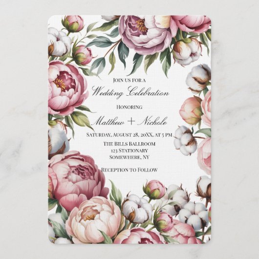 Invitation Blush Pink Peony and Cotton Wedding Celebration (Devant)
