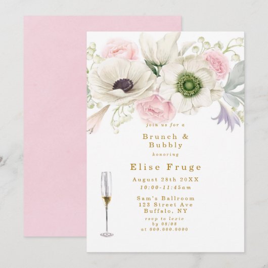 Invitation Blush Pink Peony Anemone Gold Brunch & Bubbly (Devant / Derrière)