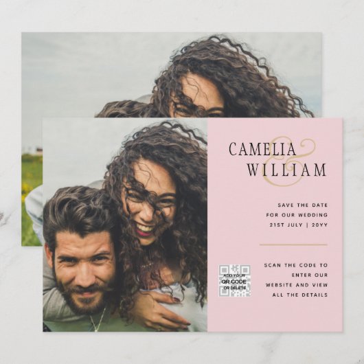 Invitation Blush PINK Photo Wedding Inviter QR Code Enregistr (Devant / Derrière)