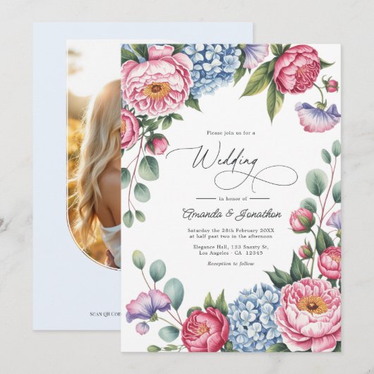 Invitation Blush Pink, Powder Blue & Lavender Floral Wedding (Devant / Derrière)