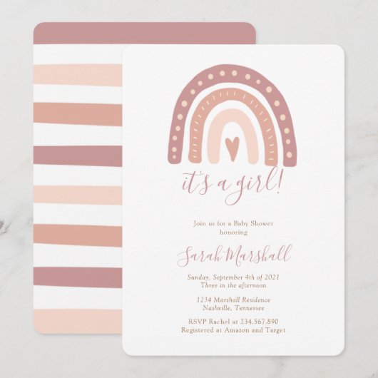 Invitation Blush Pink Rainbow Girl C’est un Baby shower de fi (Devant / Derrière)