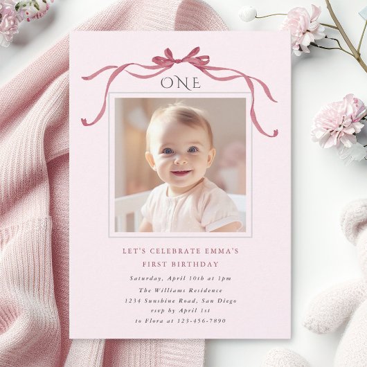 Invitation Blush Pink Red Bow Girl 1st Birthday Party