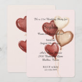 Invitation Blush Pink Red Cream Heart Balloons Birthday (Devant / Derrière)