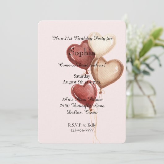 Invitation Blush Pink Red Cream Heart Balloons Birthday (Debout devant)
