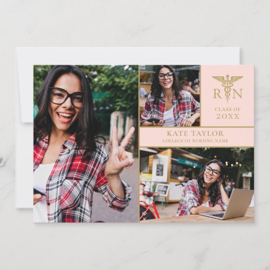 Invitation Blush Pink RN Nuring 3 Photo Graduation Party Inv (Devant)