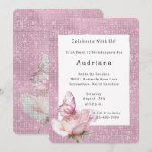 Invitation Blush Pink Rose Butterfly Sparkle Birthday (Devant / Derrière)