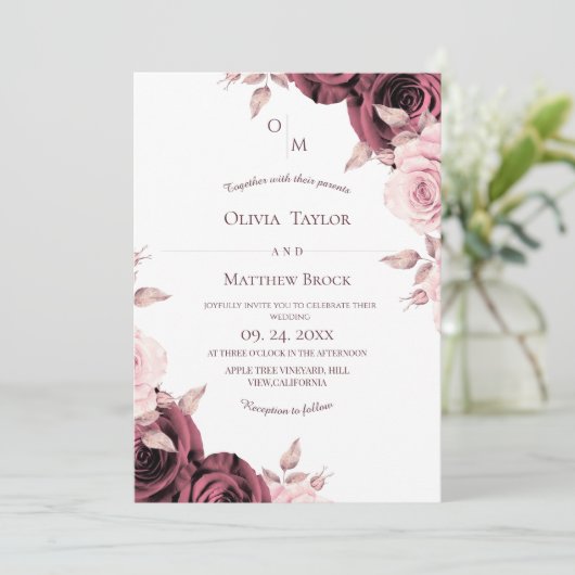Invitation Blush Pink Rose Floral Classic Wedding (Debout devant)