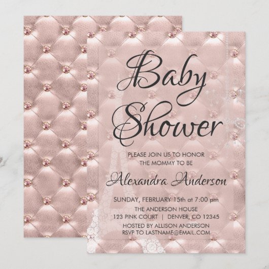 Invitation Blush Pink - Rose Gold Paris Baby shower (Devant / Derrière)