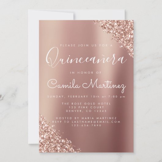 Invitation Blush Pink - Rose Gold Quinceanera Parties scintil (Devant)