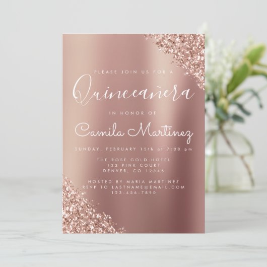 Invitation Blush Pink - Rose Gold Quinceanera Parties scintil (Debout devant)