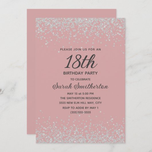 Invitation Blush Pink Silver Diamond Parties scintillant 18e  (Devant / Derrière)