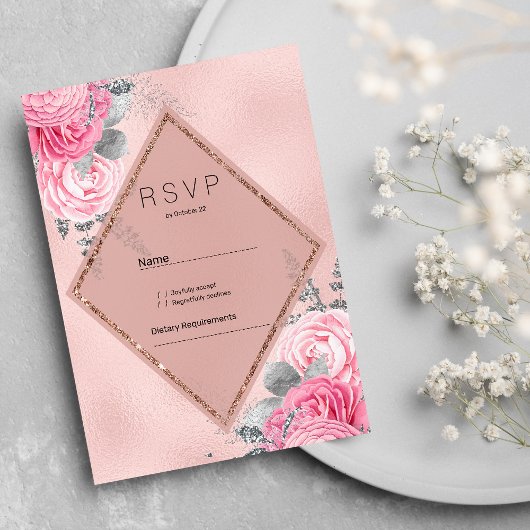 Invitation Blush pink silver glitter peony floral RSVP 