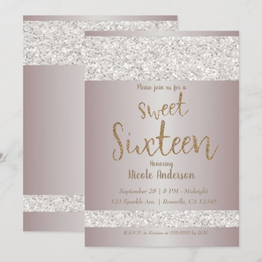 Invitation Blush Pink Sparkle Paillettes Blanches Sweet 16 Se (Devant / Derrière)