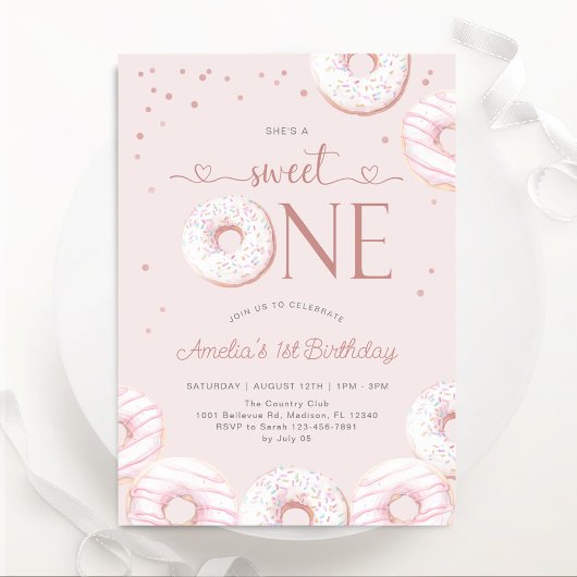 Invitation Blush Pink Sweet One Donuts 1er anniversaire
