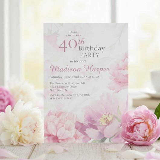 Invitation Blush Pink Watercolor Peony 40th Birthday